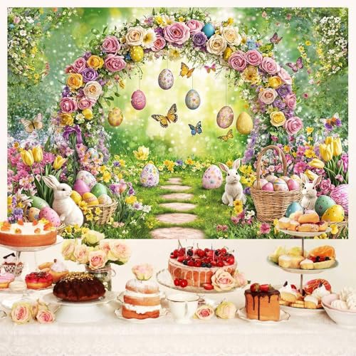 Spring Happy Easter Backdrop, Enchanted Forest Colorful Eggs Rabbit Bunny Floral Butterfly Photography Background, Fairy Tale Wonderland Garden Party Decorations Banner Photo Booth Studio Props 5X3FT - color: Purple and Green, size: 5X3FT