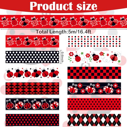 12 Rolls Insect Washi Tape, Seven Star Ladybug Masking Tape, Red Black Spots Decorative Tape for Journaling, Scrapbooking, DIY Crafts, Planner, Gift Wrapping, 16.4FT - color: H