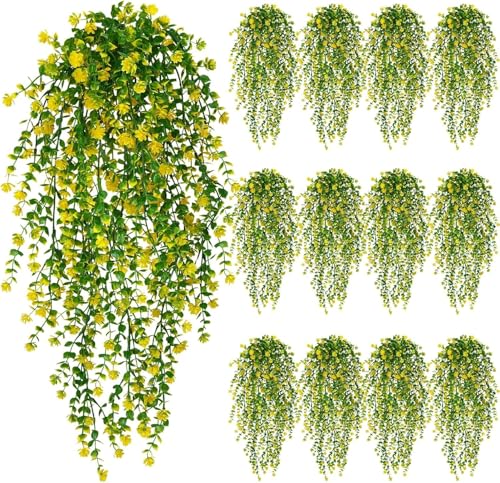 12 Pcs Outdoor Hanging Plants Artificial Hanging Flowers Yellow Faux Trailing Plants Fake Eucalyptus Greenery UV Resistant Plastic Plants for Indoor Outdoor Wall Garden Front Porch Home Decor - color: Yellow-12pcs