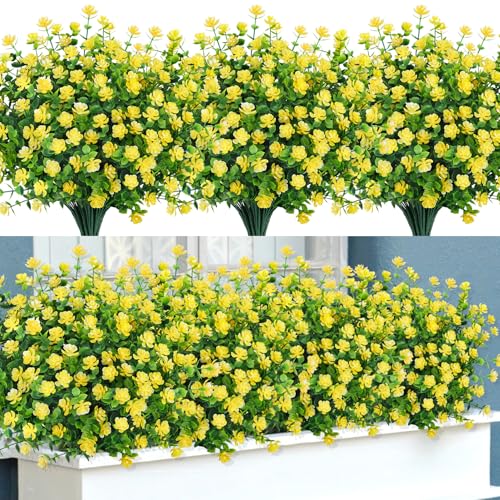 Bassion Artificial Flowers for Outdoors Decoration UV Resistant Faux Flowers Fake Plastic Plants Shrubs for Indoor Outside Garden Porch Hanging Planter Window Box Home Decor (Yellow) - color: Yellow