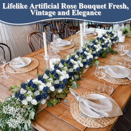 Zeyune 8 Pack Artificial Mini Navy Blue and White Roses 12 Inch Fake Flowers with Stems 80 Small 1.6 Inch Flower Heads Silk Mini Rose Bouquets for Wedding Centerpieces Bridal Bouquets Home Party Decor - color: Navy Blue and White