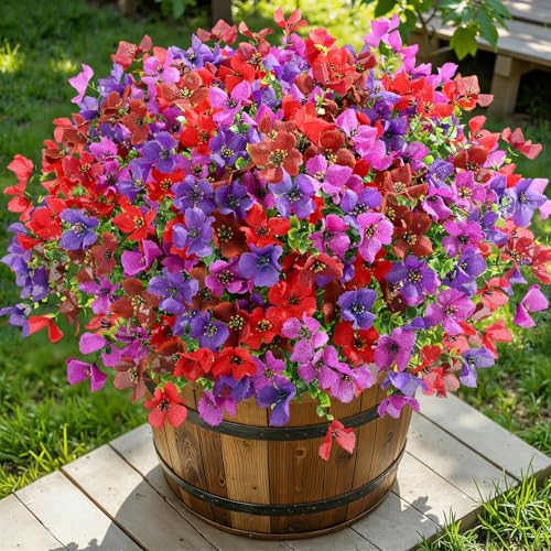 SHareconn 20 Bundles Artificial Flowers Outdoors Decoration, Fake Silk mums Eucalyptus Realistic UV Resistant Faux Plants for Outside Indoor Planter Porch Yard Home Spring Decor, Mix 4 Colors - color: Redbrownpurpledeeppurple