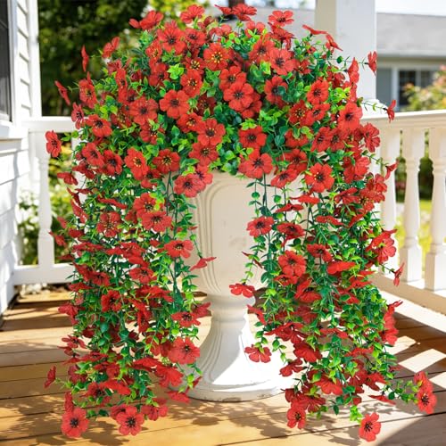 4 Pcs Artificial Hanging Flowers for Outdoor, Fake Silk Daisy Flowers Spring Summer Decoration UV Resistant Faux Plants for Planter Front Door Porch Patio Balcony Yard Decor, Red - color: Red
