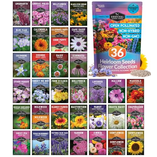 Flower Seeds Garden Kit - 36 Packs of Annual & Perennial Flowers for Planting – with Wildflowers for Pollinators, Bees, Butterflies | Heirloom Non-GMO Seed Starter Pack – Survival Garden Seeds