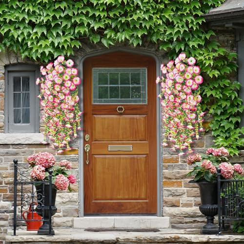Hanging Morning Glory UV Resistant Artificial Outdoor Flowers,Faux Flowers for Planters,Hyeflora Cascading Plants Garden,Home Decor,Wedding,Patio,Porch,Yard(White Pink,2 Bunches/4Pcs) - color: White and Pink, size: 2 Bunches/ 4Pcs