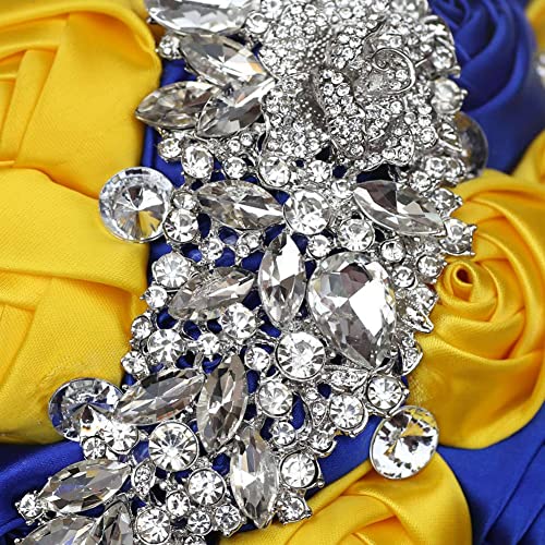 XINNI Handmade Bridal Wedding Bouquet Bride Bridesmaid Satin Rose Flower Bouquet with Meteor Shower Shape Rhinestone Wedding Decoration (Gold+RoyalBlue) - color: Gold+royalblue