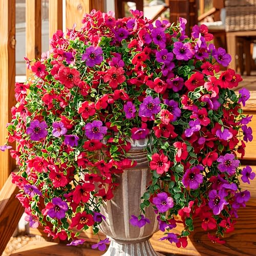 Suncalla 4 Pcs 30In Artificial Hanging Flowers for Outdoor Planter 156 Branches Trailing Faux Potted Plant Fake Floral UV & Fading Resistant for Wedding Patio Spring Summer Decor(Red, Purple) - color: Red, Purple