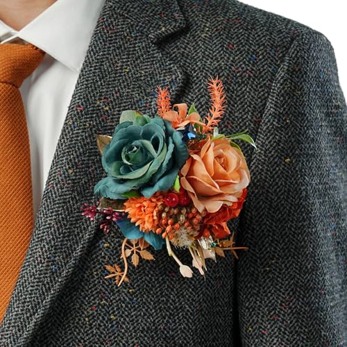 TINGE TIME Boutonniere for Men Wedding,Groom and Best Man Boutonniere for Wedding, Prom, Homecoming, Anniversary, Graduation (Burnt Orange & Dark Teal) - color: Burnt Orange & Dark Teal
