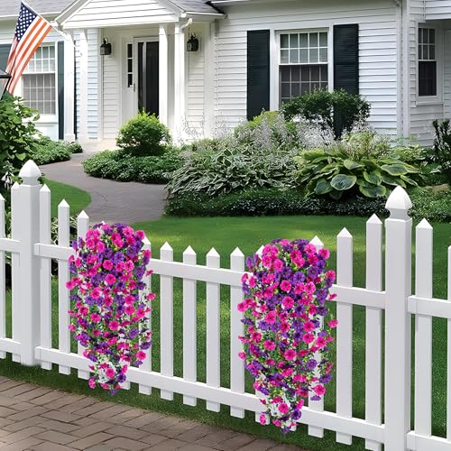Artificial Hanging Petunias Flowers for Outdoor, 2pcs Fake Plants Long Vine Morning Glory Eucalyptus, UV Resistant Realistic Faux Greenery Indoor Outside Patio Porch Garden Spring Summer Decor, Purple - color: Dark Purple Light Purple