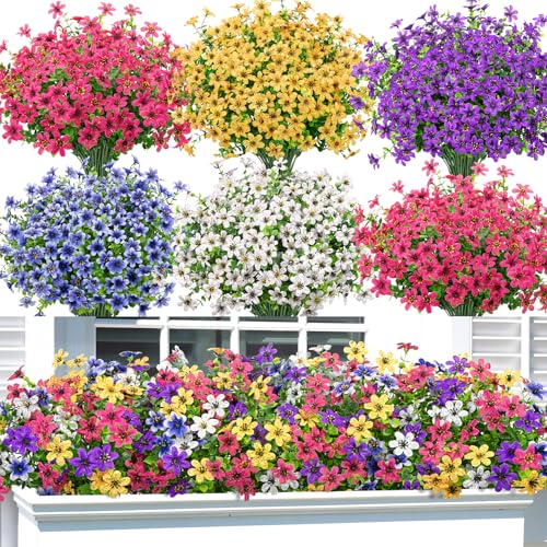 Bassion 20 Bundles Artificial Flowers for Outdoors Decorations, UV Resistant Faux Plants Fake Silk Flowers for Outside Daisy Hanging Planters Window Box Front Door Porch Patio Yard Home Decor - color: Multi Color
