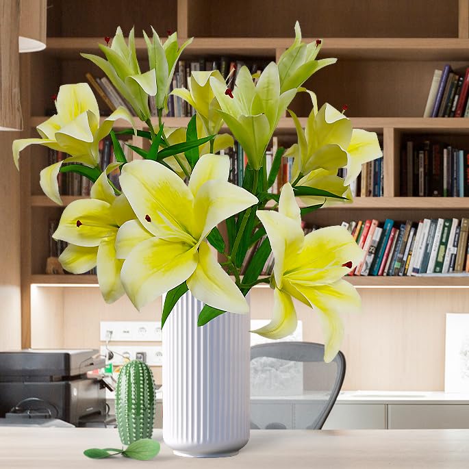 Artificial Lily Flowers,4 Pcs Faux Lily Flowers,32.5 Inch Long Stem Tiger Lily Branch with 2 Full Blooms and 1 Bud, Latex Real Touch Lilium Flower for Wedding Bouquet (4, Yellow) - color: Yellow