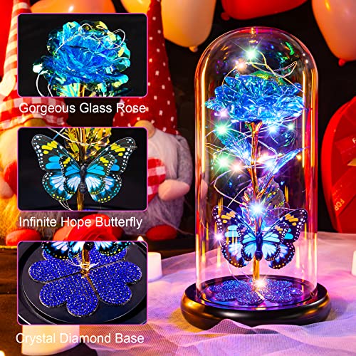 Mothers Day Mom Gifts for Mom Birthday Gift for Women Galaxy Glass Rose in Glass Dome Forever Eternal Crystal Flower with Butterfly Mother's Day Flowers Gifts for Wife Daughter Grandma Sister Blue - color: C Blue