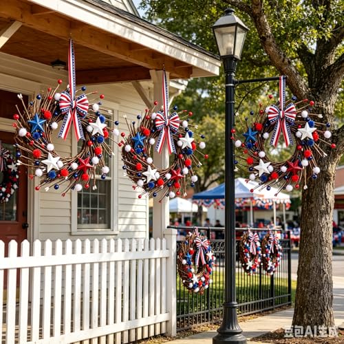 6 Pcs Mini 4th of July Hanging Wreaths for Cabinets with Berries Pom Poms Balls Artificial Small Independence Day Pillar Candle Rings Wreath for Home Kitchen Front Door Window Porch Wall Decor - color: Patriotic-14