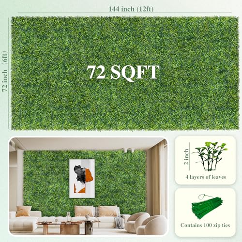 ODTORY Artificial Boxwood Roll Panels: 6 ft x 12 ft (72 sq ft) UV-Resistant Green Grass Wall Decor, Faux Ivy Privacy Fence Screen for Indoor and Outdoor, Garden, Home Decor - size: 72 X 144 IN