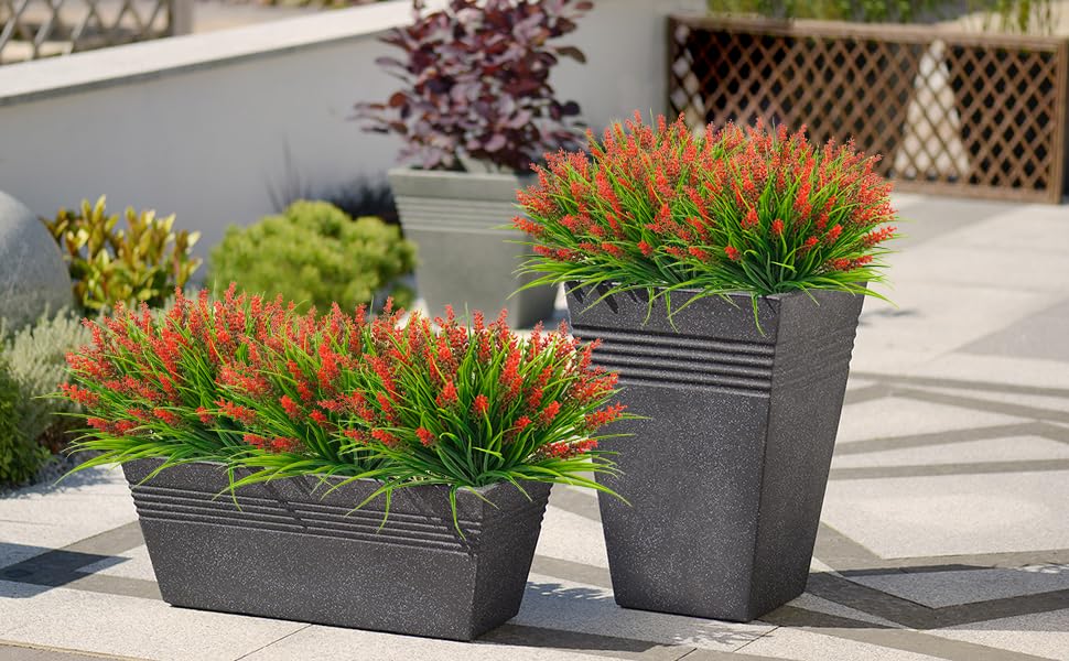 obbsie 12 Bundles Artificial Plants Outdoor, 18.2" UV Resistant Faux Monkey Grass Greenery Stems No Fade Faux Plastic Flowers Shrubs for Home Weddings Garden Porch Front Patio Office Decor - Red - color: Red, size: 12 Pcs