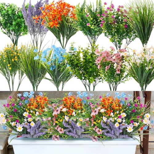Hotop 36 Bundles Artificial Plants Flowers for Outdoor UV Resistant Greenery & Fake Wildflowers Faux Plastic Plant No Fade for Hanging Planter Porch Window Home Wedding Summer Decor(Bright Colors) - color: Bright Colors
