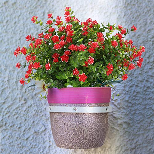 6 Bundles Artificial Flowers, Fake Artificial Greenery UV Resistant No Fade Faux Plastic Plants for Wedding Bridle Bouquet Indoor Outdoor Home Garden Kitchen Office Table Vase (Red) - color: Red