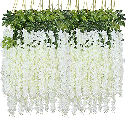 WEISPARK Fake Hanging Flowers - 24 Pieces 3.75 Feet/Piece Artificial Wisteria Vine Ratta Hanging Garland Silk Flowers for Home Party Wedding Decor (White-24pcs) - color: 24pcs-white
