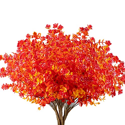 10PCS Artificial Eucalyptus Plants,Fake Boxwood Shrubs UV Resistant No Fade Faux Plastic Greenery for Wedding Bridal Bouquet Indoor Outdoor Home Garden Kitchen Office Table Vase(Fall Red) - color: Gold Red