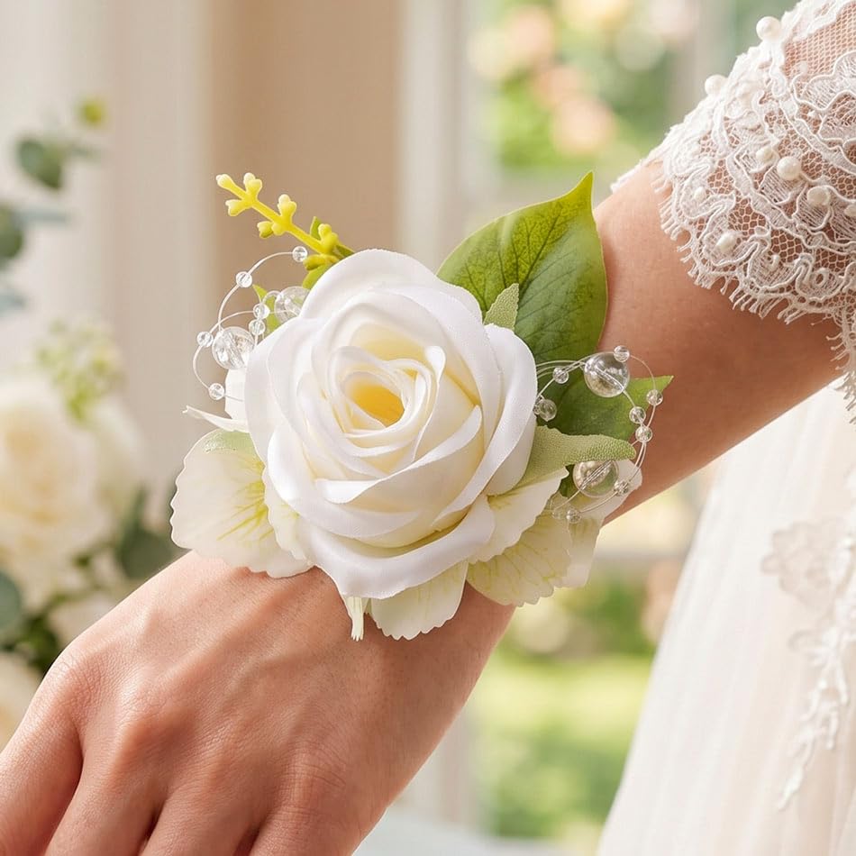 Rose Wrist Corsage Prom Corsages Wristlet Bridal Hand Flower for Women and Girls (White) - color: White