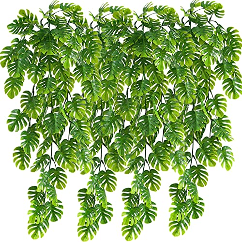 Artificial Hanging Vines 4 Pack, Fake Monstera Leafs Vine Ivy Jungle Leaf Plants Tropical Palm Leaves Rattan for Houseplants Indoor Home Kitchen Garden Outdoor Wall Wedding Decoration - color: Monstera Vine - 4pcs