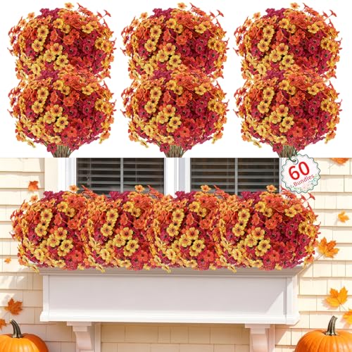 Powbrace 60 Pack Artificial Flowers for Outdoor Indoor Fake Plants, Faux Silk Flowers for Outdoors Outside Front Porch Hanging Planter Window Box Garden Spring Decoration(Autumn Mixed) - color: Autumn Mixed, size: 60 Bundles