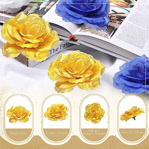 Yunlly 100 Pcs Artificial Flowers Fake Silk Roses Long Stem Rose Bouquet Wedding Party Home Decor for DIY Baby Shower Centerpieces Tables Home Decorations(Blue, Gold) - color: Blue, Gold