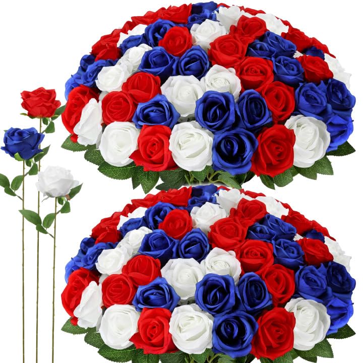 72 Pcs 4th of July Artificial Roses, Red, White, Blue Patriotic Silk Roses for Independence Day, Home Cemetery Decor, Realistic Faux Flowers with Stems(20 inch Bouquet, Indoor/Outdoor Use) - color: Blue,red,white