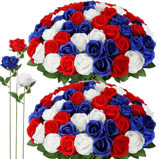 72 Pcs 4th of July Artificial Roses, Red, White, Blue Patriotic Silk Roses for Independence Day, Home Cemetery Decor, Realistic Faux Flowers with Stems(20 inch Bouquet, Indoor/Outdoor Use) - color: Blue,red,white