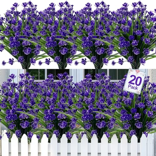TURNMEON 20 Bundles Artificial Flowers for Outdoors, Summer Spring Grass Camellia Fake Flowers Plastic Plants, UV Resistant No Fade Faux Greenery for Gardens Porch Cemetery Decor 500 Heads(Purple) - color: Purple, size: 20 Bundles