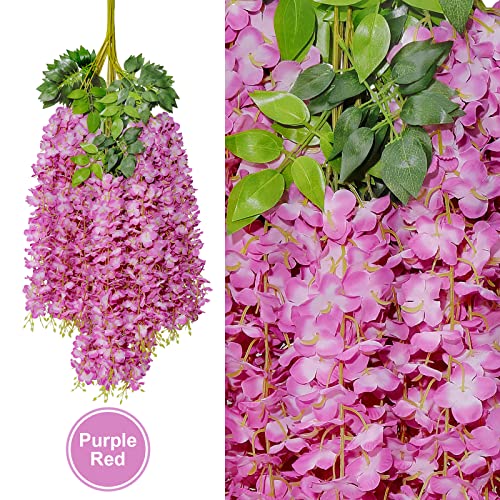 U'Artlines 24 Pack (Total 86.4 Feet) Artificial Fake Wisteria Vine Rattan Hanging Garland Silk Flowers String Home Party Wedding Decor (24, Purple Red) - color: Purple Red