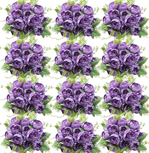 12 Pcs Artificial Peonies Silk Flowers, Fake Peony Bouquet Boho Faux Flowers Arrangements for Wedding Home Centerpiece Table Decoration (Dark Purple) - color: Dark Purple