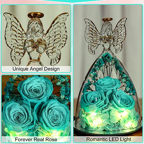 Mothers Day Rose Gifts for Women Preserved Real Flower in Glass Angel Figurines Roses for Delivery Prime Birthday Gifts for Mom Grandma Girlfriend Wife Her - Tify Blue - color: Aqua Blue