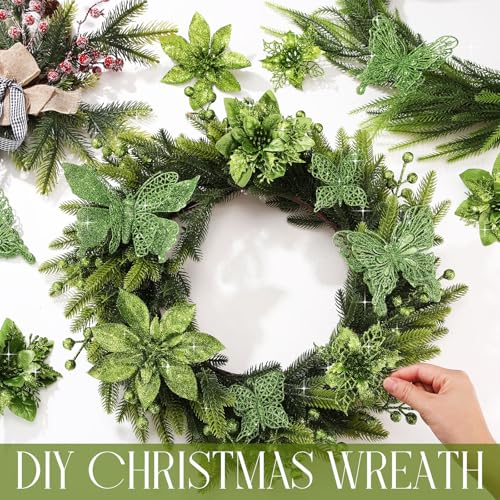 Thiccywoov 122 Pcs Christmas Glitter Poinsettia Artificial Flowers Berry Picks Butterfly Christmas Tree Ornaments 3 Styles Poinsettia kit with Clip for Xmas Wreath Home Tree Decor(Green) - color: Green