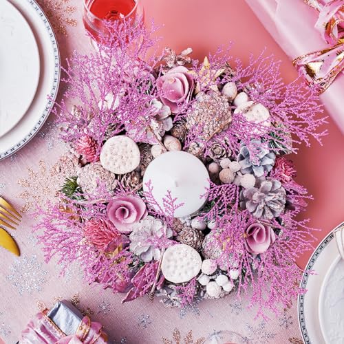 Winlyn 15 Pcs Pink Cedar Glitter Sprays Picks Christmas Floral Picks Artificial Cedar Branches Stems Pink Christmas Tree Picks for Wedding Bouquet Wreath Supply Floral Arrangement Holiday Decor - color: Pink