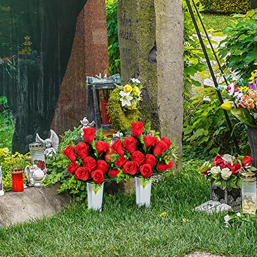 XONOR Artificial Cemetery Flowers, Set of 2 Artificial Rose Bouquet Grave Memorial Flowers with Vase for Cemetery Headstones Decoration (Red, Set of 4) - color: Red-4pcs