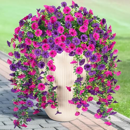 Artificial Hanging Petunias Flowers for Outdoor, 2pcs Fake Plants Long Vine Morning Glory Eucalyptus, UV Resistant Realistic Faux Greenery Indoor Outside Patio Porch Garden Spring Summer Decor, Purple - color: Dark Purple Light Purple