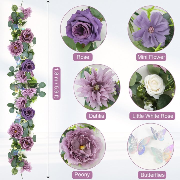 5.9 FT Artificial Eucalyptus Flower Garland with Butterflies - Pack of 1 Fake Rose Garland Faux Greenery Eucalyptus Garlands for Wedding Table Backdrop Arch Centerpieces Decorations - Purple - color: Dusty Purple, size: 1 Pack