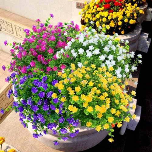 8 Bundles Outdoor Artificial Fake Flowers UV Resistant No Fade Boxwood Faux Plastic Shrubs Plants for Garden Patio Porch Window Box Home Wedding Farmhouse Hanging Décor - color: Mix Colors