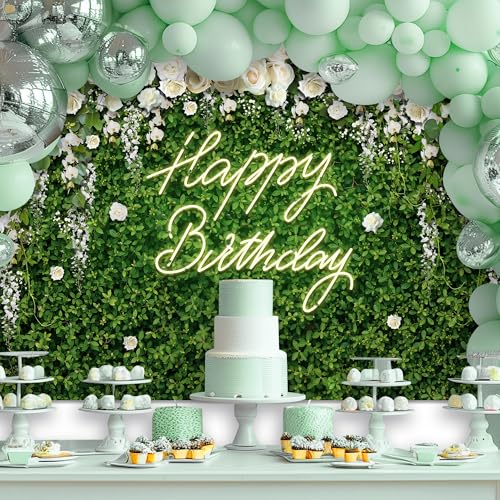 Riyidecor Happy Birthday Backdrop for Women Neon Flower Wall White Rose Green Leaves Floral Blossom Botanical Plant 7Wx5H Feet Nature Photography Background Girls Photo Studio Shoot Polyester Fabric - color: A-Birthday （White Rose）, size: 7Wx5H