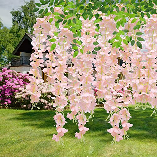 U'Artlines 24 Pack(Total 43.2 Feet) Artificial Fake Wisteria Vine Rattan Hanging Garland Silk Flowers String Home Party Wedding Decor (24, Light Pink) - color: Light Pink