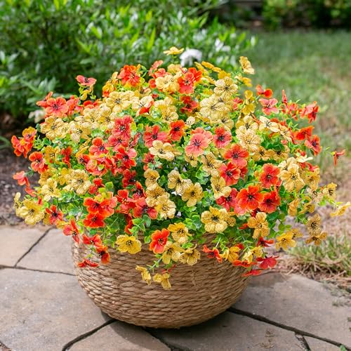 Ivydale Fall Flowers Artificial for Decoration Outdoors Fake Mums 12 Bundles Faux Planters UV Resistant Look Real for Autumn Home Porch Patio Garden Yard, Orange Yellow - color: Orange Yellow(green Leaves)