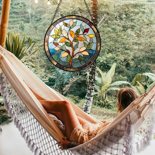 Stained Glass Window Hanging Colorful Tree of Life 6.3" - Plant Leaves Suncatcher Door Garden Sun Catcher Home Decor Birthday Christmas for Mom Men Woman Nana Friend - color: Brown and Green, size: 6.3x6.3 IN