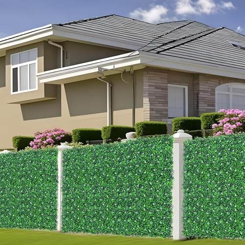 Grooy 71"x 144"(72 sq.ft) Artificial Boxwood Roll Panels with Flowers, UV-Anti Faux Ivy Leaves Privacy Fence Screen, Grass Wall Roll Panels for Indoor Home Decor and Outdoor Garden Backyard - size: 71x144 in 1 piece