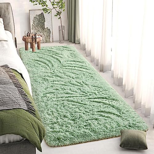DweIke Fluffy Sage Green Runner Rugs for Bedroom, 2x6 Feet Soft Plush Long Runners for Girls Boys Kids, Non-Slip and Machine Washable Bedside Rug, Small Throw Carpet for Hallway Rooms Decor - color: Green, size: 2 Ft X 6 Ft