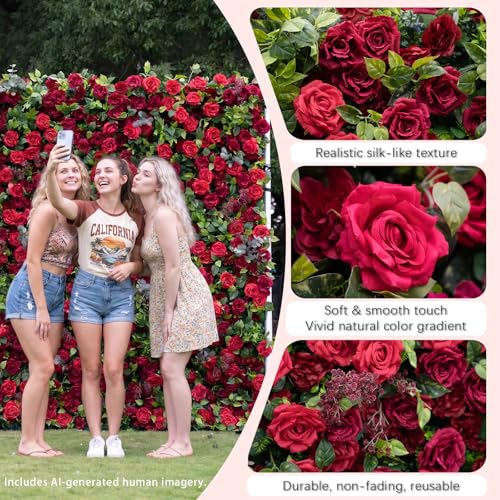 rosemorning 8x8FT Red Artificial Flower Wall Backdrop,5D Silk Flower Wall Panel for Wedding Party Birthday Baby Shower Photo Booth Decor Easy to Install Reusable - color: Rouge-red, size: 8Ft*8Ft