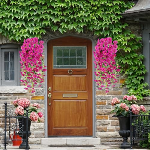 Hanging Morning Glory Artificial Flowers for Outdoors,Faux Plant,Decoration Plastic Flowers for Outside,Garden,Home Decor,Wedding Events,Patio,Porch,Yard(Fuchsia,2 Bunches/4Pcs) - color: Fuchsia, size: 2 Bunches/ 4Pcs