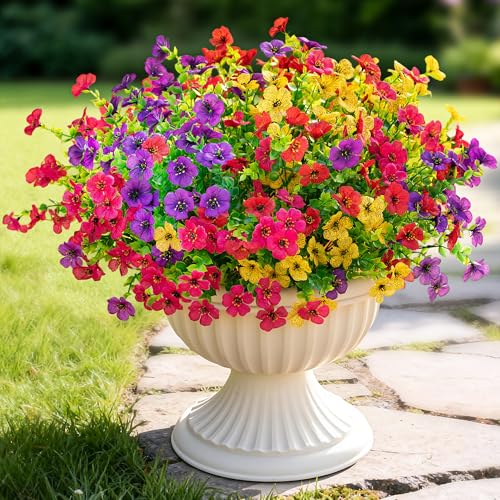 16 Bundles Artificial Fake Flowers Plants for Outdoors Spring Summer Decor,Faux Flowers Plant Silk Daisy UV Resistant for Outside Planters Front Porch Patio Yard Garden Home(Red,Purple,Yellow,Fuchsia) - color: Mix Red Purple Yellow Fuchsia