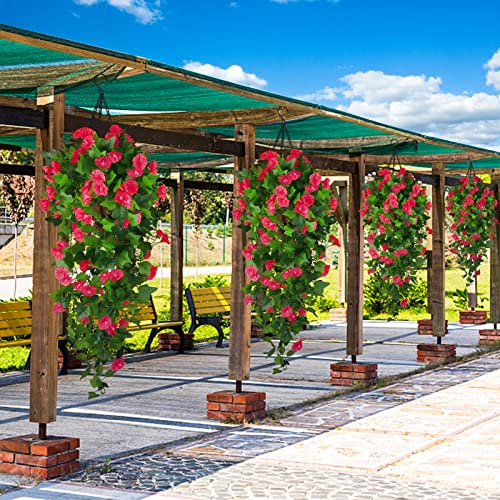 Artificial Fake Hanging Flowers Plants Basket for Spring Outdoor Outside Decoration, UV Resistant Faux Plastic Fabric Flower Morning Glory Wisteria Petunia for Garden Porch Patio Balcony Yard Decor - color: Rose Red