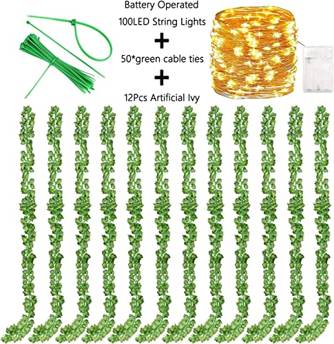 12 Pack Fake Vines for Room Decor with 100 LED String Light Artificial Ivy Garland Hanging Plants Faux Greenery Leaves Bedroom Aesthetic Decor for Home Garden Wall Wedding - size: 12pcs Ivy with 100 LED